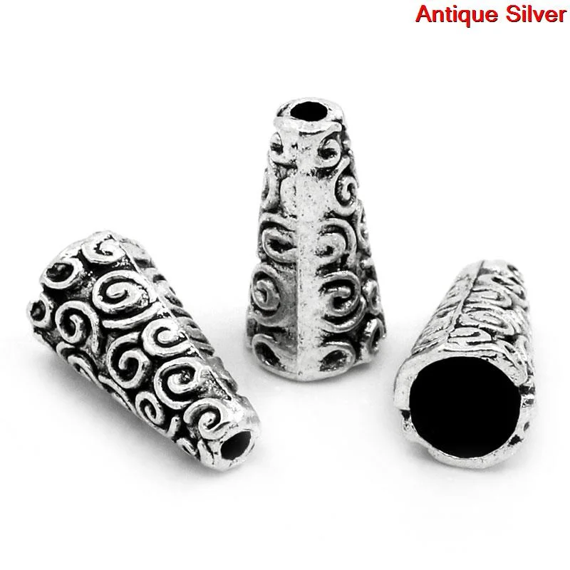 Doreen Box hot-  Spacer Beads Cone Silver Color 18x9mm,Hole:Approx 2mm,50PCs (B24426)