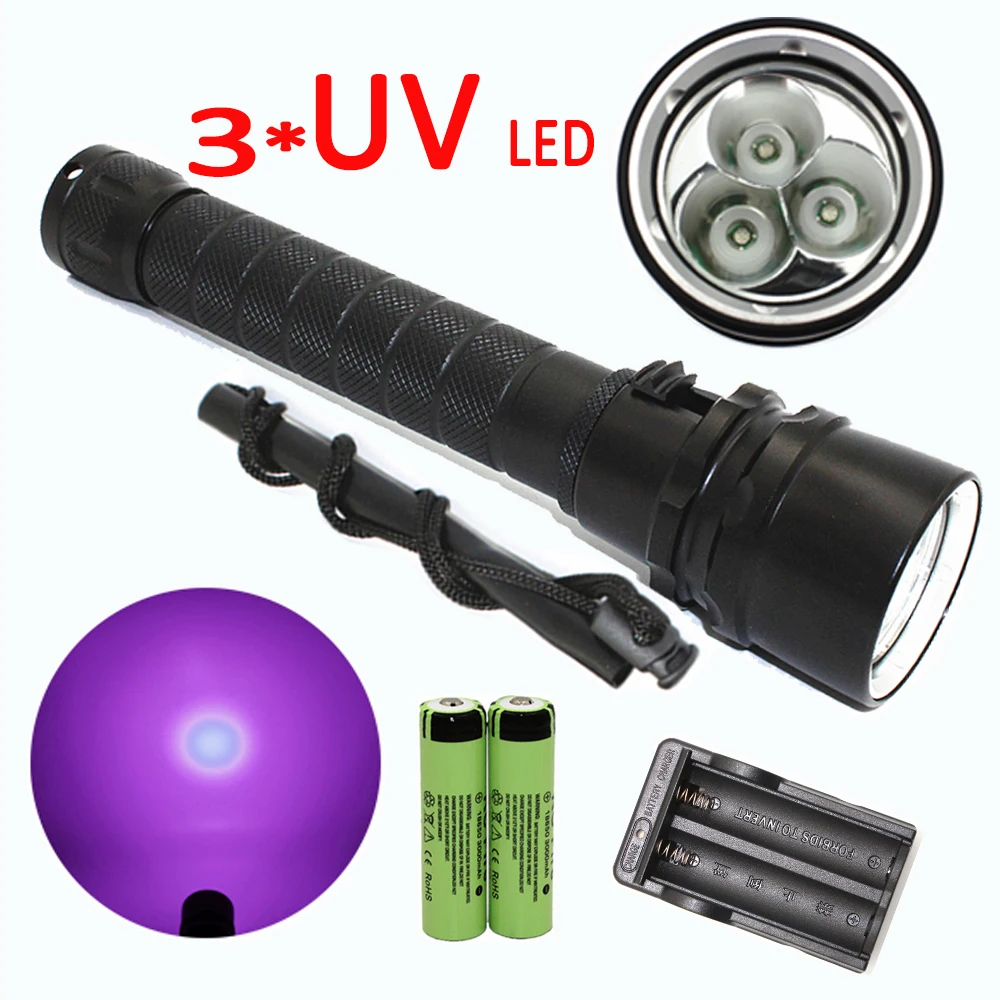 3x UV LED Scuba Diving Flashlight Underwater 150M Waterproof Torch Lamp Lighting 395nm UV Flash Light +2x 18650 Battery +Charger