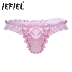 iEFiEL Hot Sale Sexy Mens Lingerie Soft Shiny Ruffled Frilly Sissy Bikini Briefs Thong Underwear Underpants Breathable Lingerie