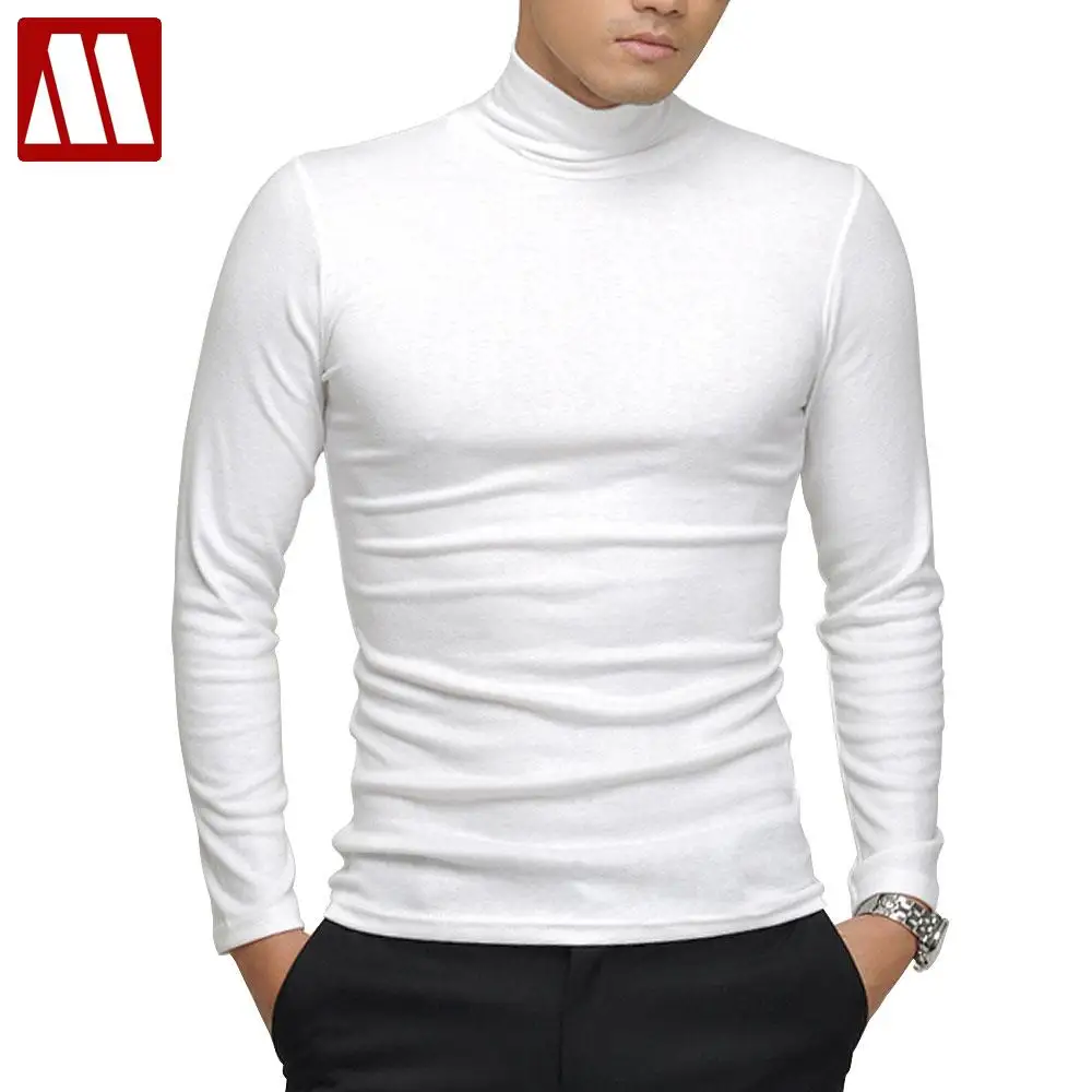 Autumn Winter Black White Men\'s Long-sleeve T-shirt Turtleneck High-elastic Lycra Cotton T shirt Solid Color S-XXXL st-803