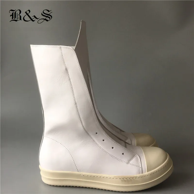 

BLACK& STREET real picture Full White genuine leather zip flat trainer Boots men Handmade long tongue Hip Hop punk Boots