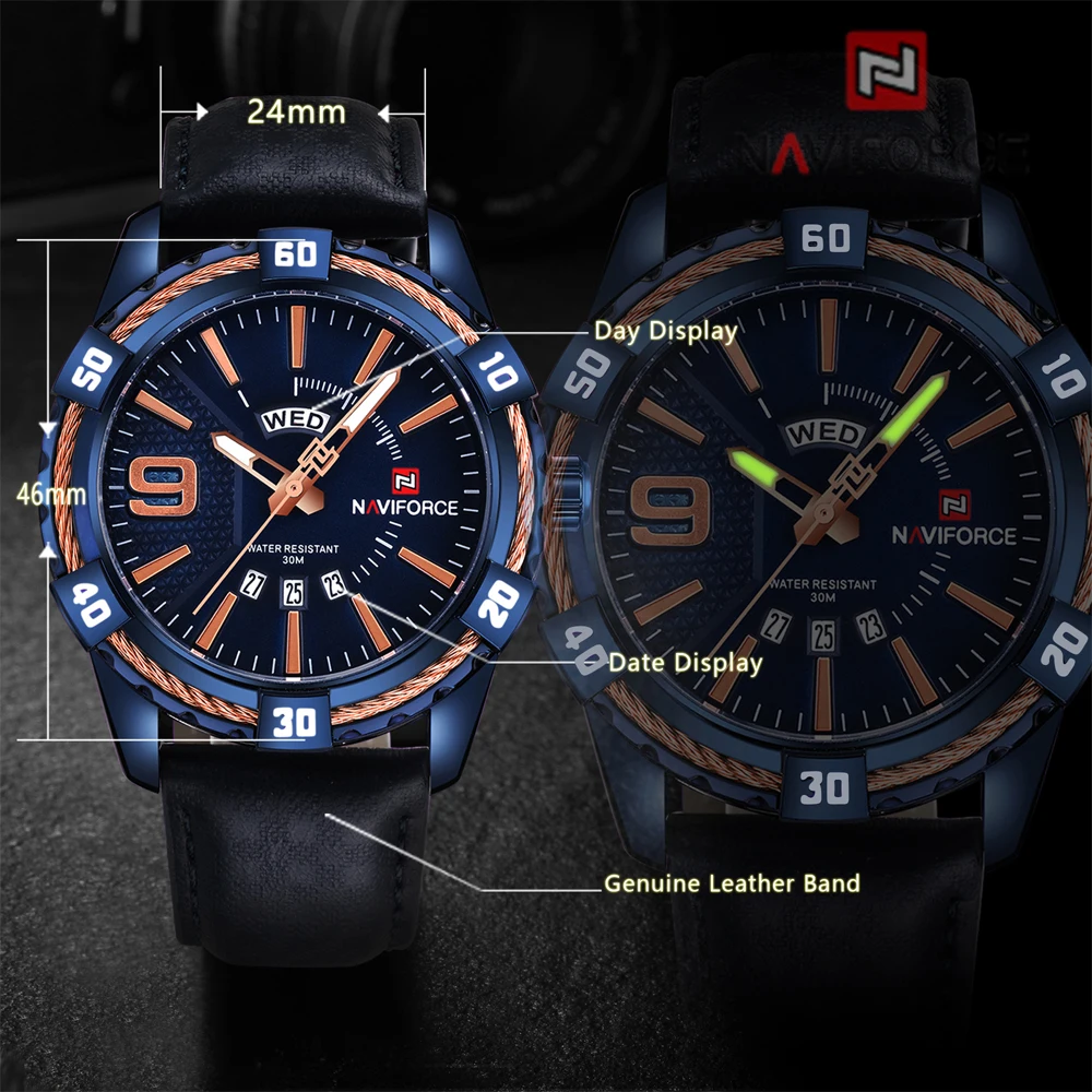 NAVIFORCE Blue Quartz Watch Men Military Waterproof Casual Sport Wrist Watch Male Fashion Leather Strap Clock