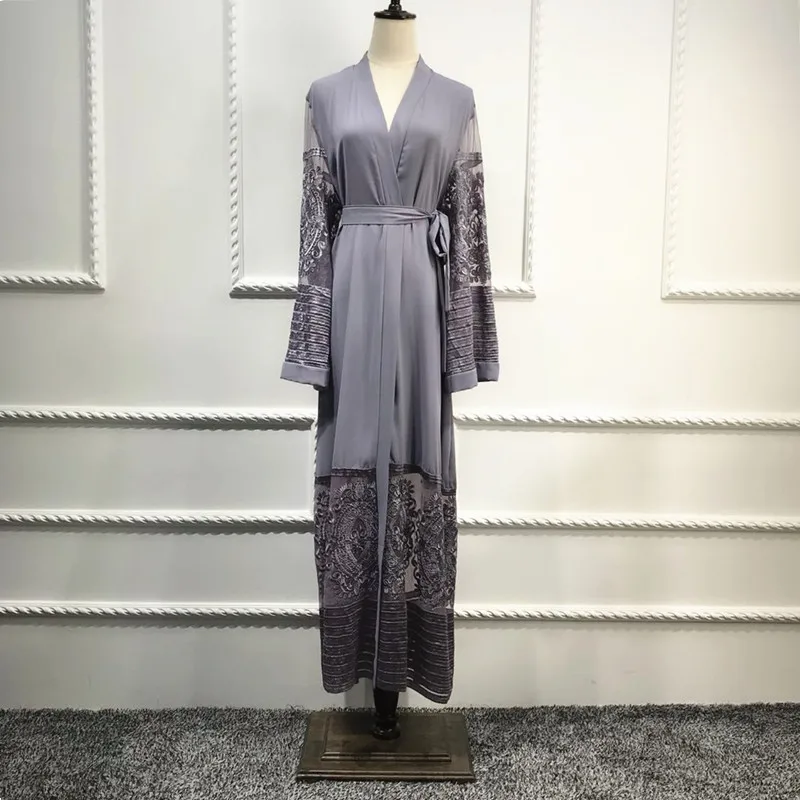 Muslim Fashion lace hollow cut cardigan Robe full length Musulmane Abaya Muslim Robe Arab Worship Service abaya kimono wj2814