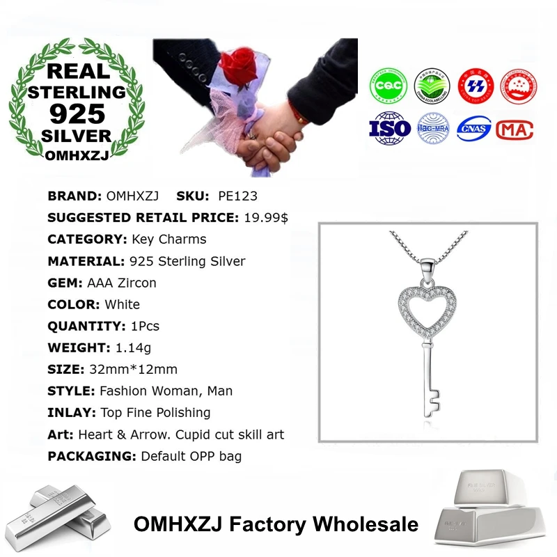 OMHXZJ Wholesale Fashion Sweet Key OL Woman Child Gift AAA Zircon 925 Sterling Silver Pendant Charms PE123 ( NO Chain Necklace )