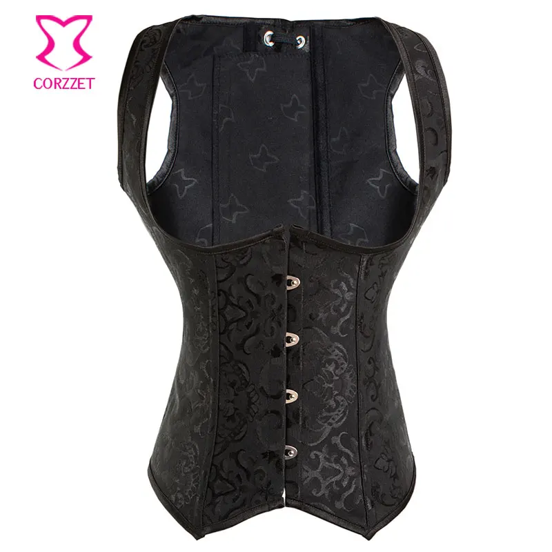 Vintage Black Jacquard Espartilho Mulheres Sexy Underbust Steampunk Bordado Strap Lace Up Desossada Plus Size Partido Clubwear