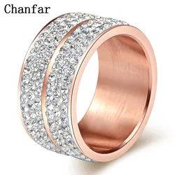 Chanfar Elegant Rhinestone Crystal Ring Rose Gold Color Wide Stainless Steel Love Rings For Women Men Engagement Jewelry