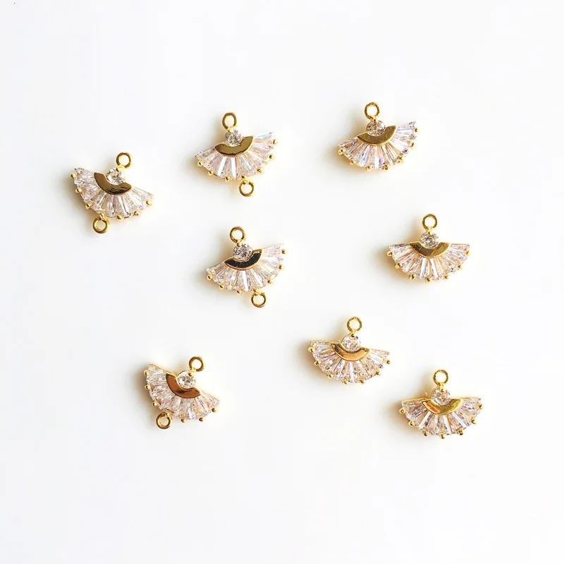 wholesale 2 pcs/lot cubic zirconia fan charms connector champagne gold color plated golden accessories jewelry making DIY