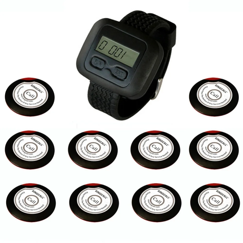 SINGCALL Wireless Restaurant Calling System, for Waiter, Coffee Shop, 10 One-Button Pagers and 1 APE6600 Watch Receiver