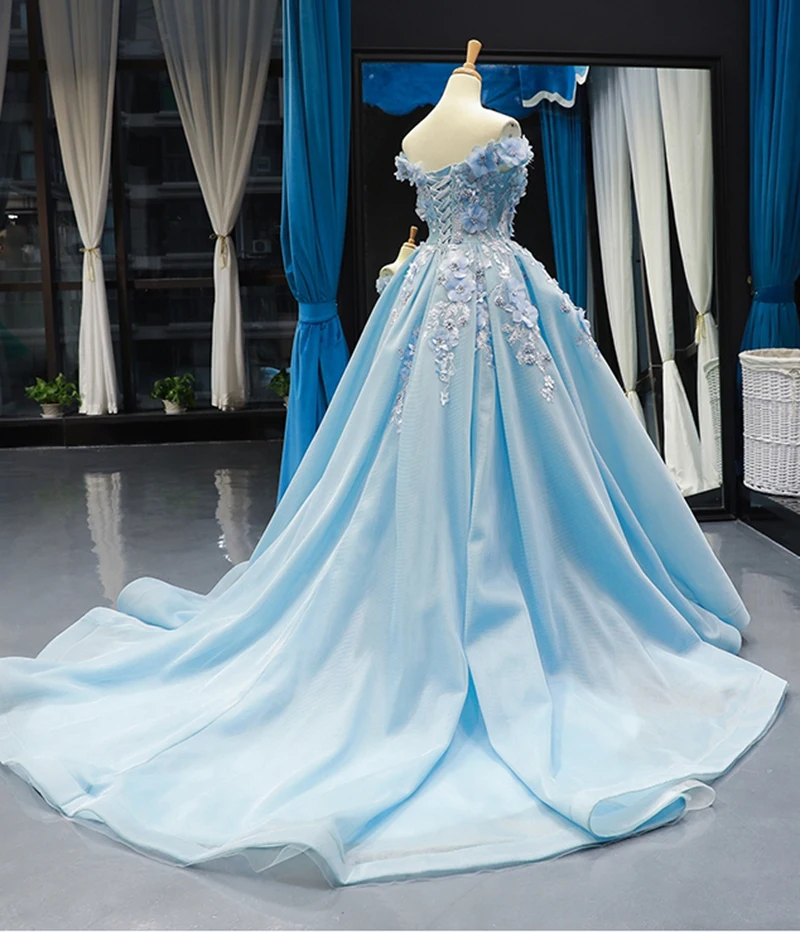 J66795 jancember sky blue evening dress v-neck off shoulder lace up back flowers formal dress party vestidos de fiesta de noche