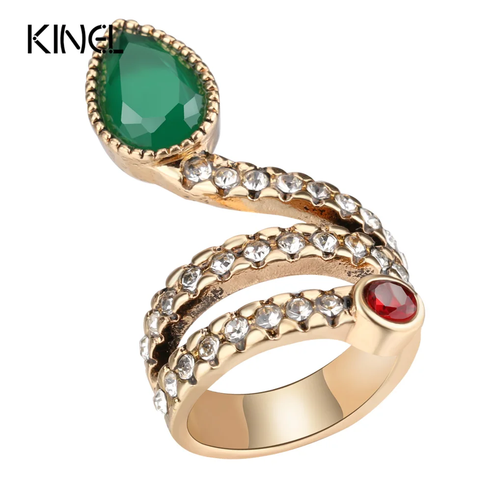 Kinel New Arrivals Antique Ring Gold Color Inlaid Water Drop Green Stone Vintage Wedding Rings For Women Jewelry