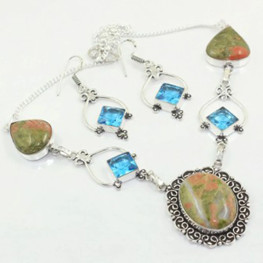 Unakite & Blue Topas  Necklace  + Earings  Silver Overlay over Copper , 47.5cm, N3619