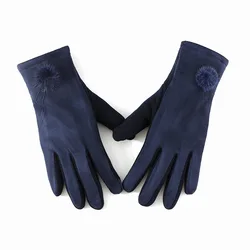 Winter Female Cashmere Suede Leather Hairball Mitten Women Thick Plus Plush Windproof Warm Wrist Touch Screen Driving Gloves B75
