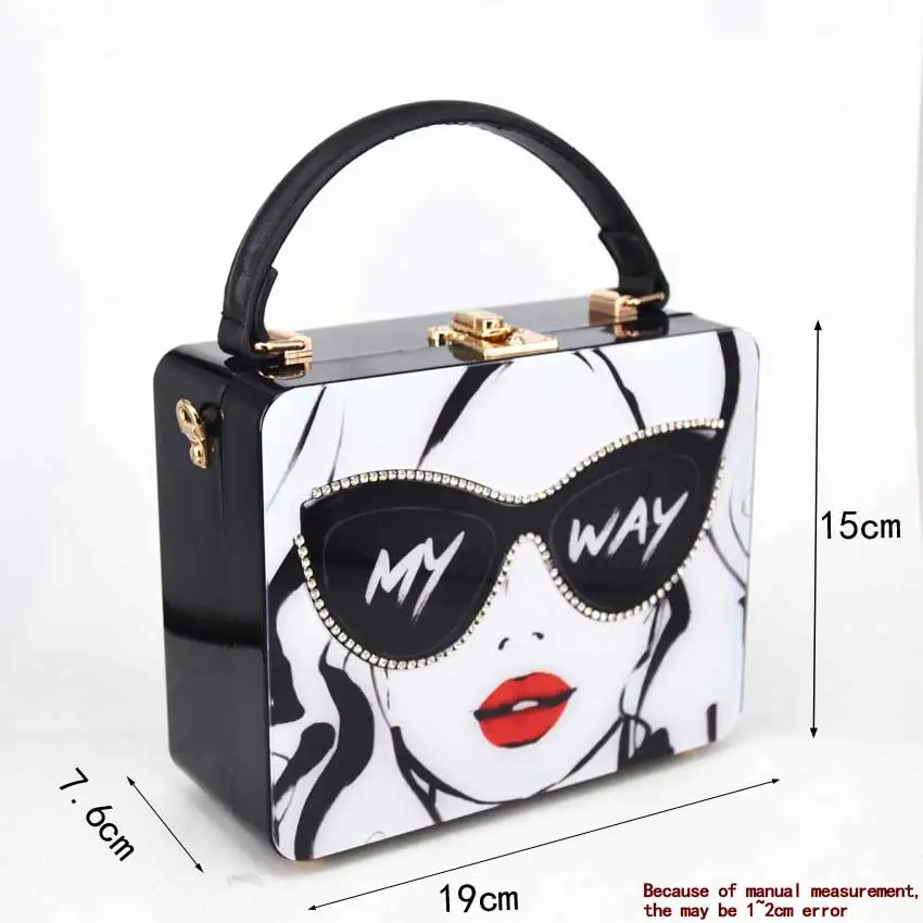 Fashion girl glasses Acrylic Mini Tote Bags My Way Letter Box Shoulder Bags Black Flap Purse Strap Female Messenger Bags