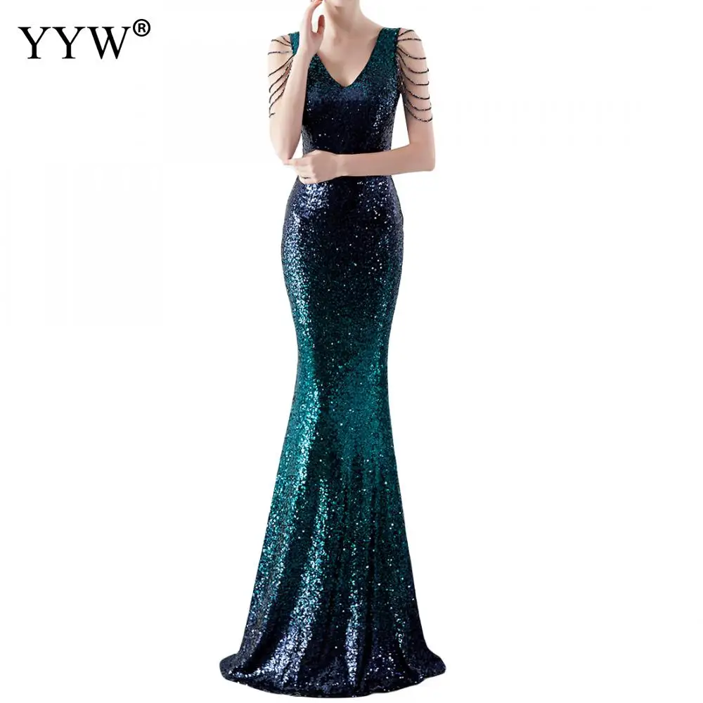 Robe De Soiree 2020 New Sexy V-Neck Sleeveless Mermaid Long Dress Gradient Sequined Evening Dresses Ladies Elegant Formal Gowns