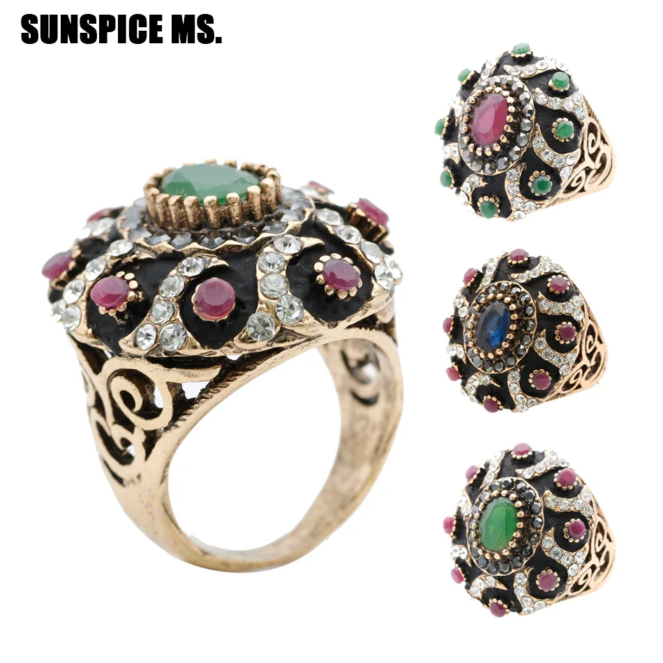 SUNSPICE MS.  Turkish Antique Rings For Women Gold Color Vintage Wedding Bands Ring Sets Engagement Indian Jewelry Crystal Gift