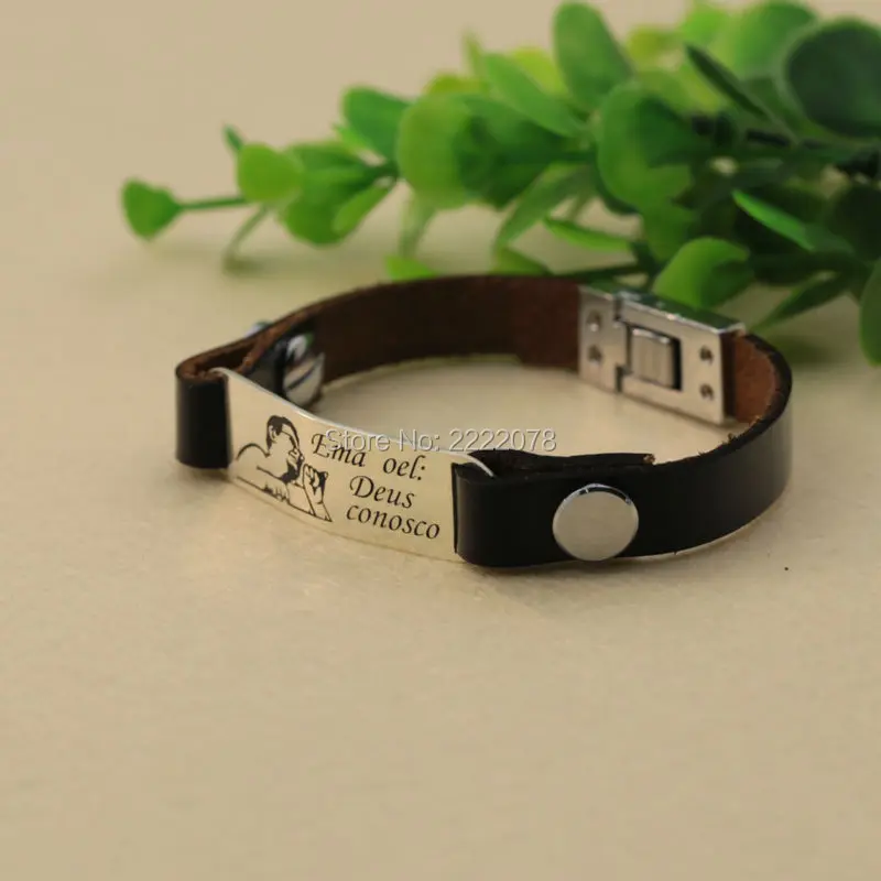 Personalized Photo Men Bracelet Stamp Words On The Bar Charm Customized Leather Bracelet