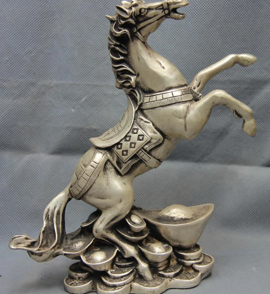 

China White Copper Silver FengShui Yuan Bao Money Wealth Gallop War Horse Statue