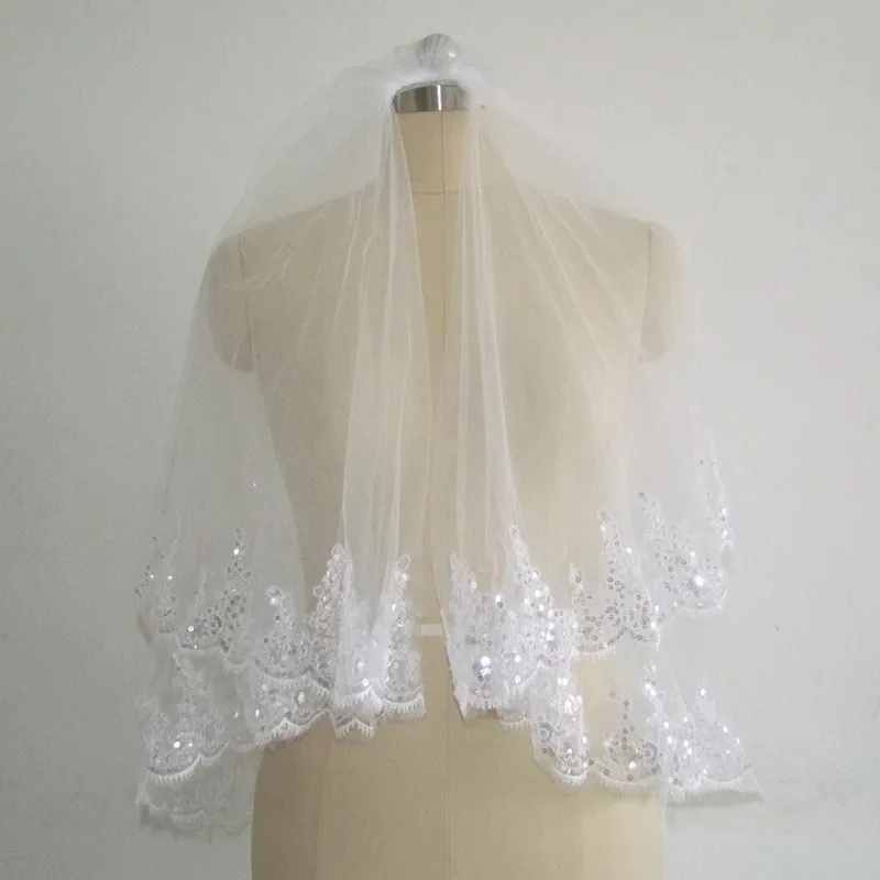 Véu de noiva com duas camadas, renda curta com pente