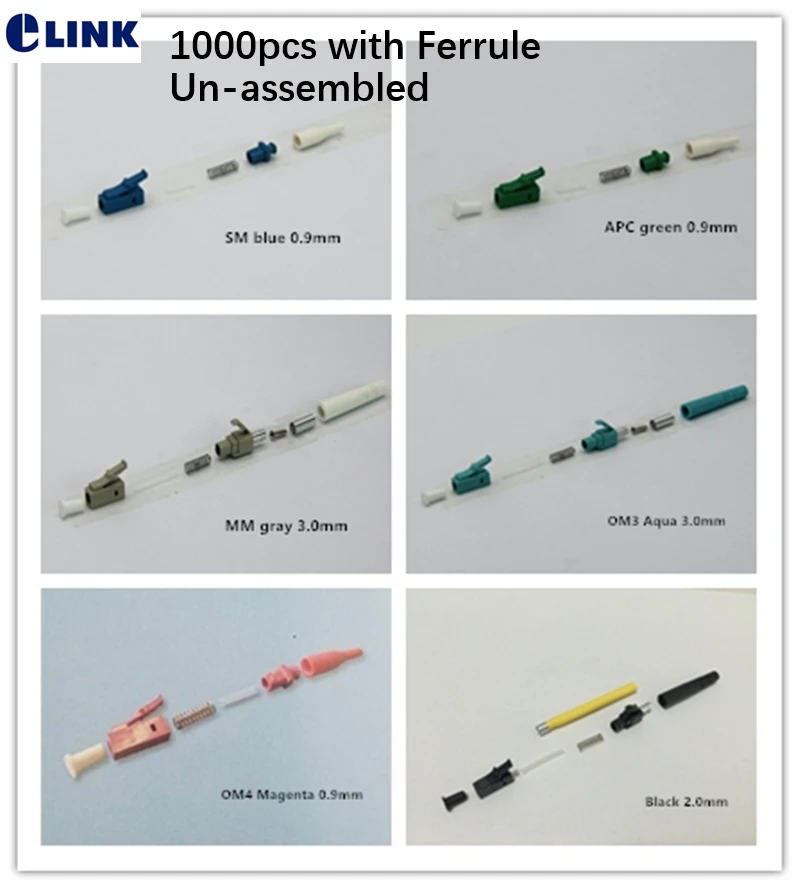 LC fiber connector KITS with ferrule Unassembled Simplex APC SM MM OM3 OM4 3.0mm 2.0mm 0.9mm ftth LC connector accessory 1000PCS