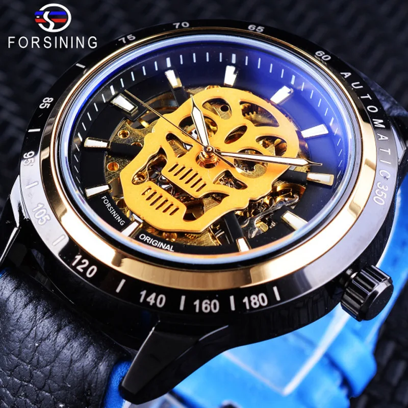 2019 WINNER Steampunk Skull Auto Mechanical Men Black Gold Leather Stainless Steel Skeleton Dial Fashion Cool Design Wrist Watch