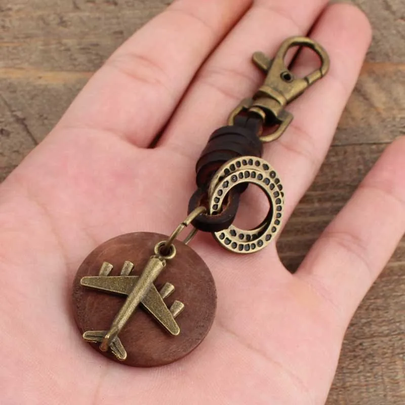 New Vintage Key chain Handmade Leather Keychain Round Wood Bronze Airplane Pendant New Car Key Ring