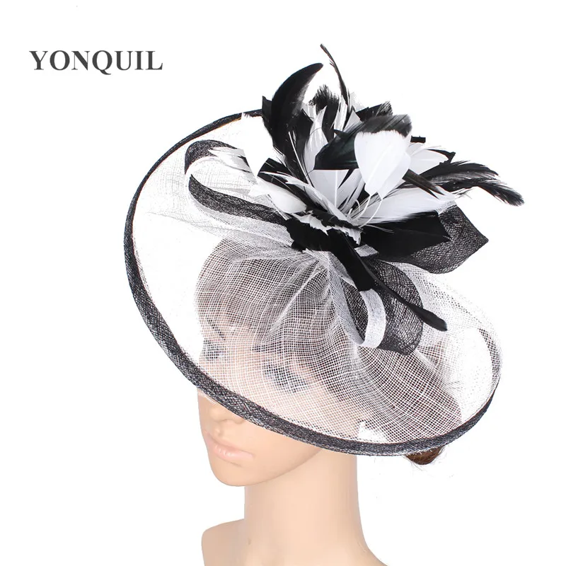 Elegante Sinamay Fascinator Hüte mit Feder blume Sinamay Trims Cocktail und Race Hüte Hochzeit Braut Kopf bedeckung mehrere Farben – Detail 14