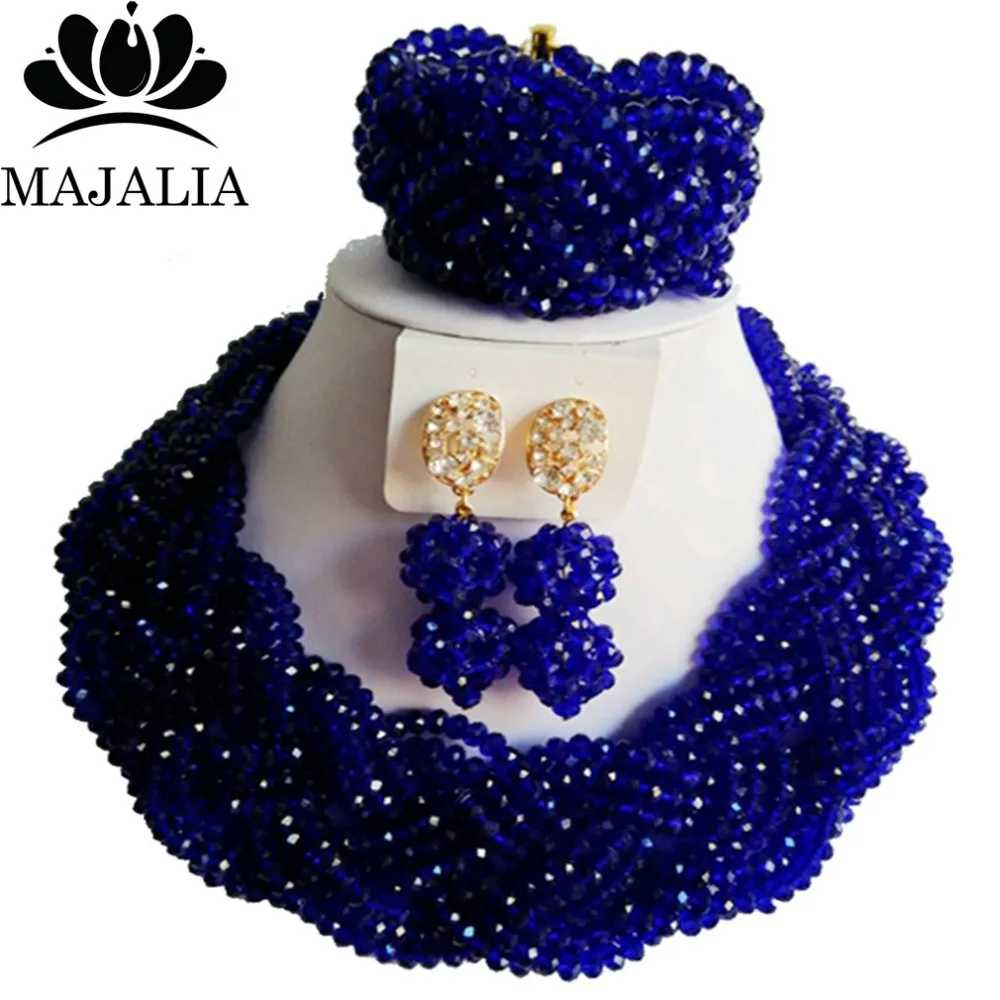 

Nigerian wedding African beads jewelry set crystal Royal Blue necklace bracelet earrings A well-known brand Majalia Y-42