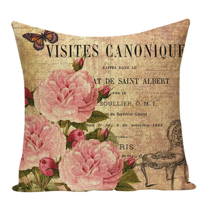 Vintage Plant Flower Pillow Cover Pink Decoration Home Car Seat Cheap Throw Pillows Linen Print Sofa Seat Cushion Cover