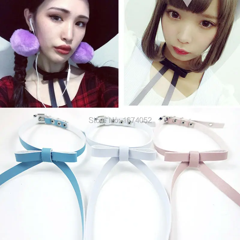 Cute Kawaii Harajuku Meow Neko Handmade Real Leahter Collar with Bow Long Lengthen Bowknot Choker Necklace