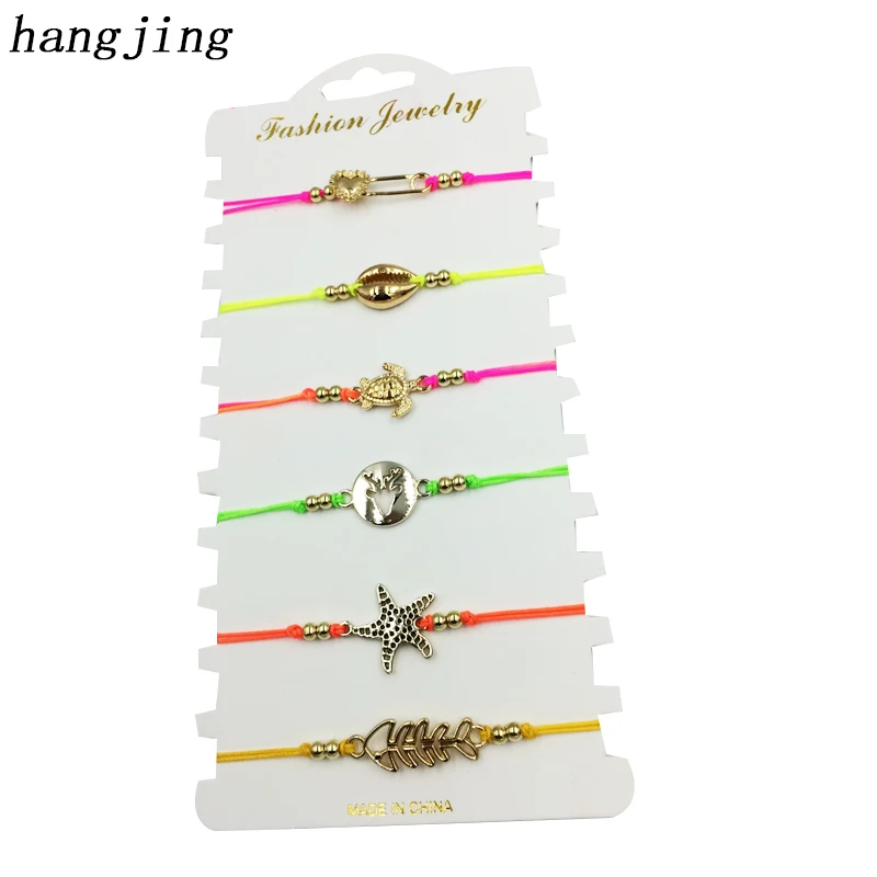 hangjing adjust Handmade Seed Beads handmade starfish shell turtle fishbone pin Woven rope Charm Bracelet Women Fashion Jewelry