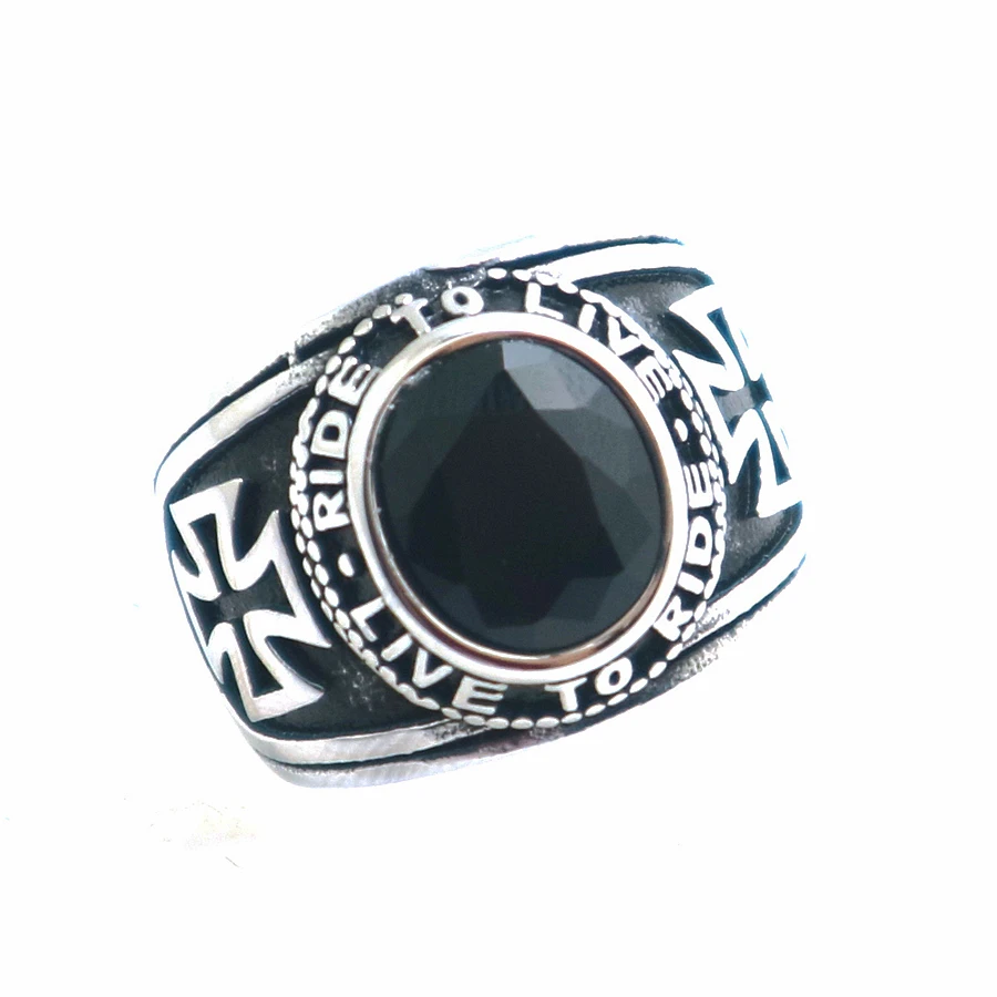 Size 7 To Size 15 Classic Unisex 316L Stainless Steel Cool Ride To Live, Live To Ride Black Stone Cross Biker Ring For Gift