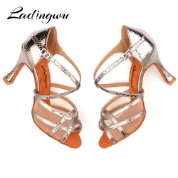 Ladingwu Latin dance shoes Women Fine snake texture PU Gold Silver Gray Cuba Heels 9cm Salsa Profession Ballroom dancing Shoes
