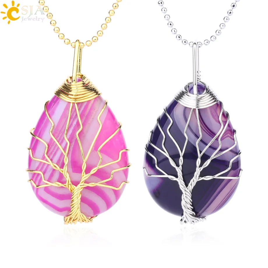 CSJA Gold Color Tree of Life Wire Wrap Water Drop Necklace & Pendant Reiki Natural Gem Stone Purple Blue Veins Onyx Jewelry E806