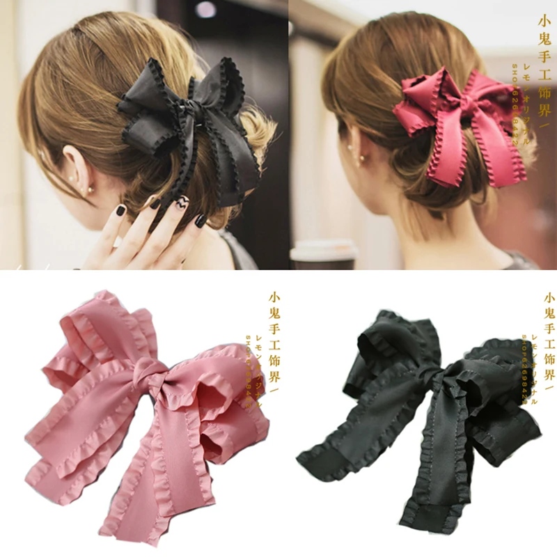 Accesorios para el cabello hechos a mano de Hermana Grande japonesa, cinta de color sólido negro, horquilla con lazo grande, borla, adornos para cabeza de serpentina grande