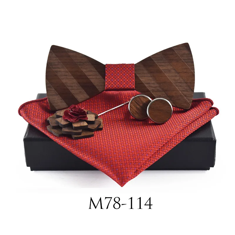 3D Stripe Pattern Wooden Bow Tie Set Cufflinks Boutonniere Handkerchief Business Butterfly Cravat Party Ties For Men