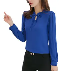 Camisas azules de manga larga para mujer, blusas con lazo y cuello levantado, blusa elegante de gasa para mujer, ropa de trabajo de oficina a la moda, Primavera