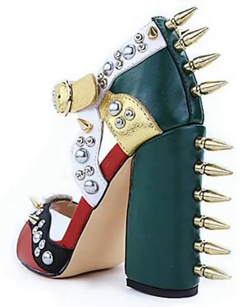 2020 Patchwork Chunky Heel sandały gladiatorki kobiety Sexy z wystającym palcem Studded klamra nit szpilki Sandalias Fashion Party sandały