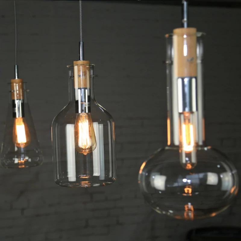 Modern Clear Glass Laboratory Bottle Pendant Light Fixture DIY Home Decoration Dinning Room Bar Cafe Wood E27 Bulb Pendant Lamp