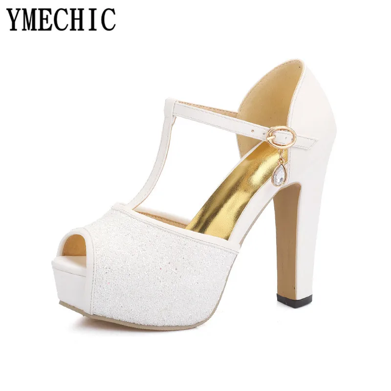 YMECHIC Womens Sandals Summer 2022 White Glitter T Strap Platform High Heels Peep Toe Lady Wedding Party Bridal Shoes Plus Size