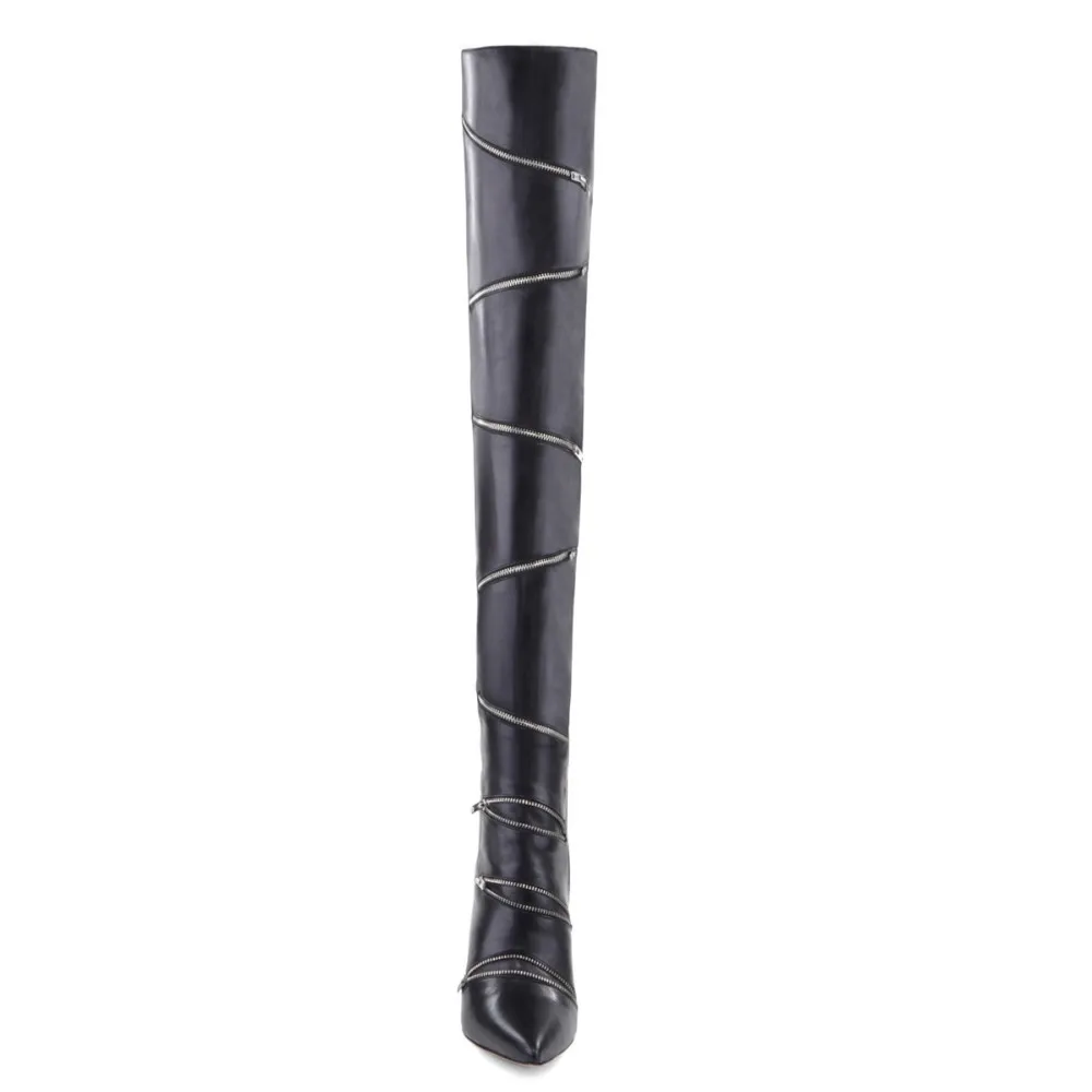 Women Black PU Zipper Metal Over Knee Boots Brand High Quality High Heel Women Winter Fashion Special Design Boots Pointed Toe