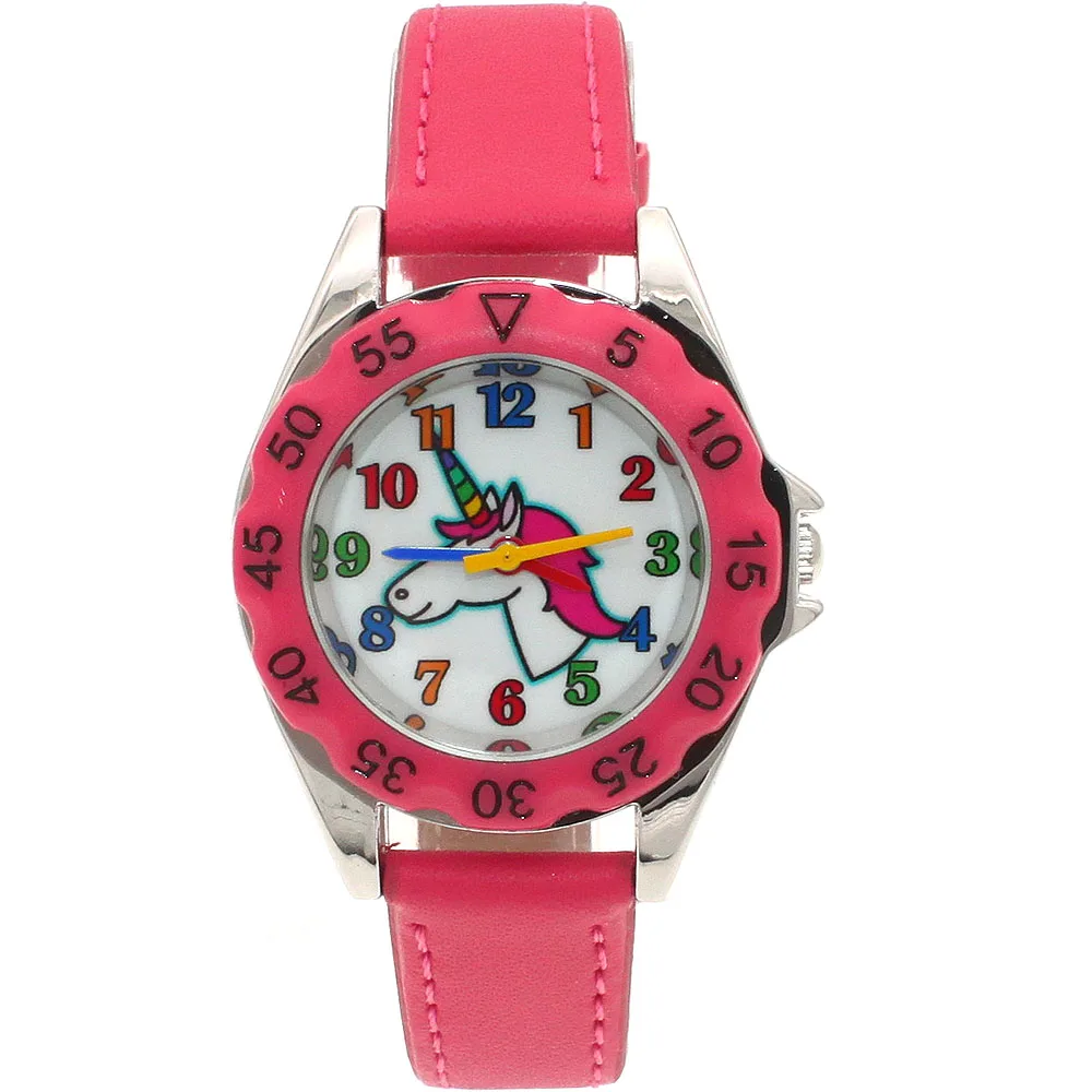 O primeiro relógio de pulso de couro feminino, relógio casual com pulseira de couro fashion para crianças aprendendo o tempo u83b