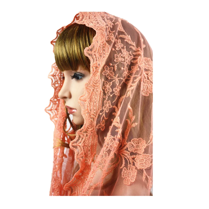 Orange Pink Embroidery Catholic Church Lace Veil Mantilla Chapel Scarf Lace Infinity Veil