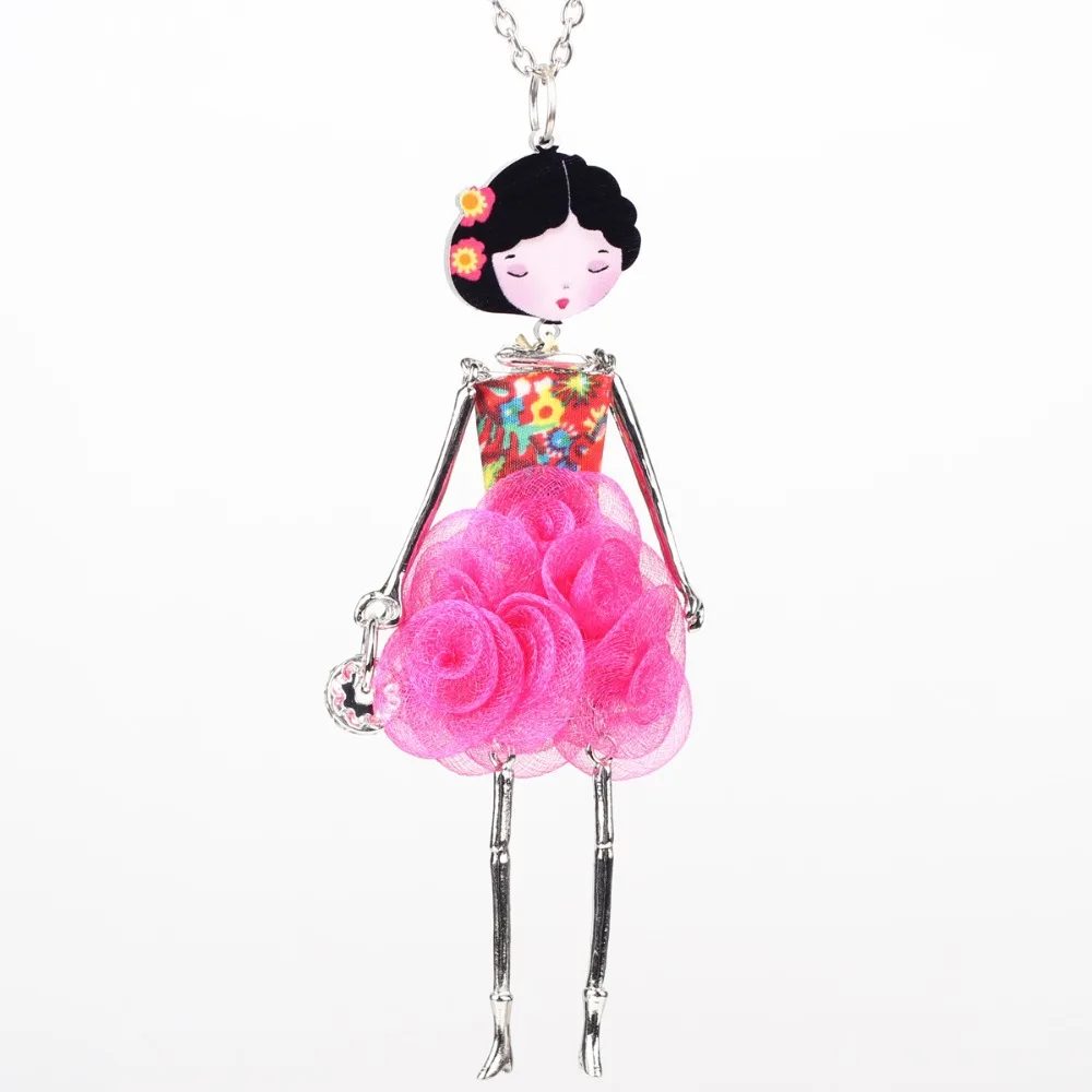 Bonsny French Paris Doll Necklace Dress Flower Long Chain Alloy Doll Pendant Fashion Jewelry For Women 2017 News Accessories