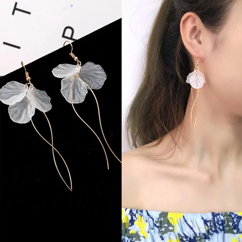 JIOFREE 2018 New Korean white Acrylic petal Long Clip on Earrings For Women Accessories Earings Fashion Jewelry