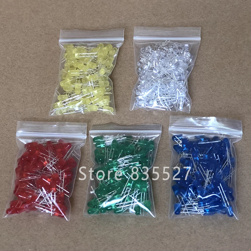 500pcs/lot F5 5MM in the Sets Kit Mixed 5 Color : White / Emerald Green / Red / Blue / Yellow LED light emitting diode turn DIP