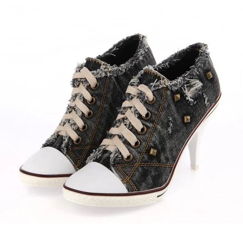 Vintage Design Women Black Denim Pumps Lace Up Thin High Heels Espadrilles Studded Rivets Zapatillas Mujer Plus Size 42 Stiletto