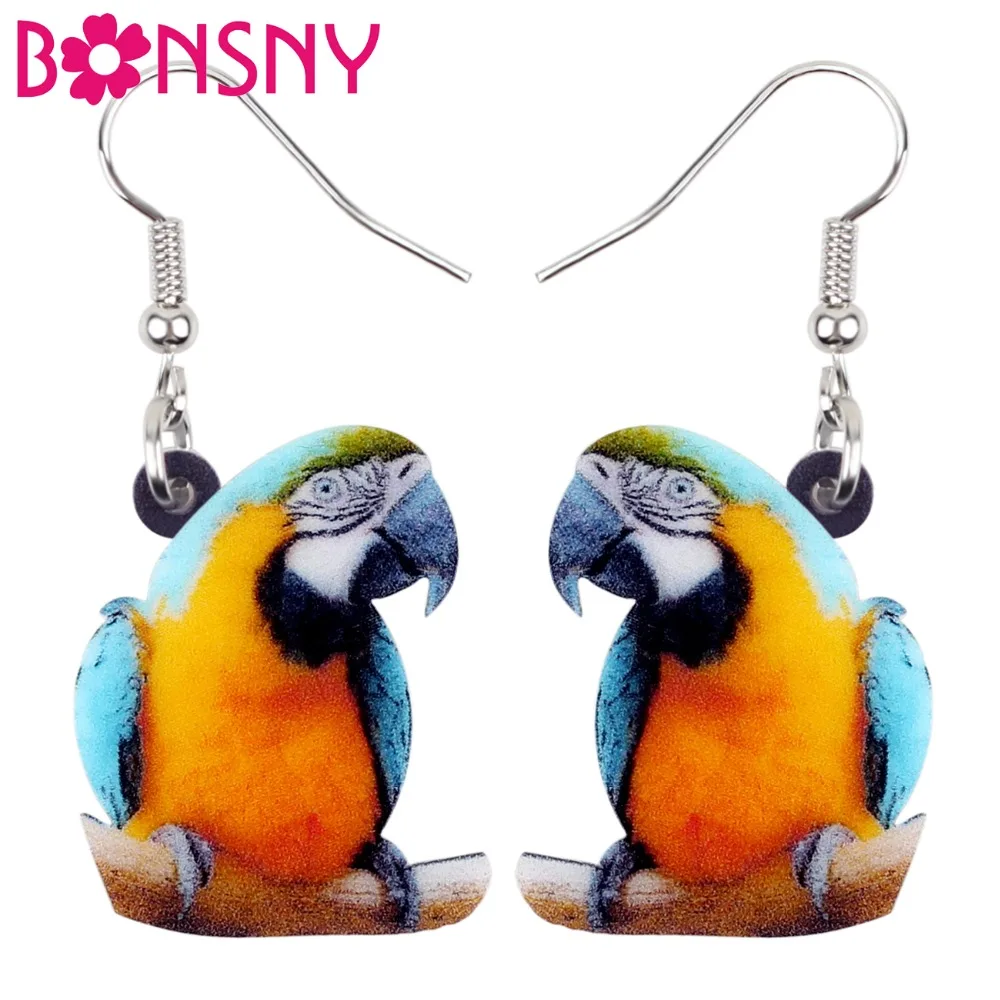 Bonsny Acrylic Blue-and-Yellow Macaw Parrot Bird Earrings Big Long Dangle Drop Novelty Tropic Animal Jewelry For Women Girl Gift