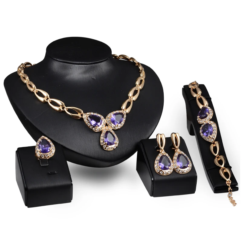 Fine Jewelry Sets  Gold color Zircon Pendant Hot Sale Design Austrian Crystal Necklace Bracelet Ring Earrings Wedding Sets