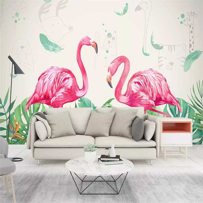 Decorative wallpaper Small fresh hand painted flamingo children's room wallpaper princess beige background wall