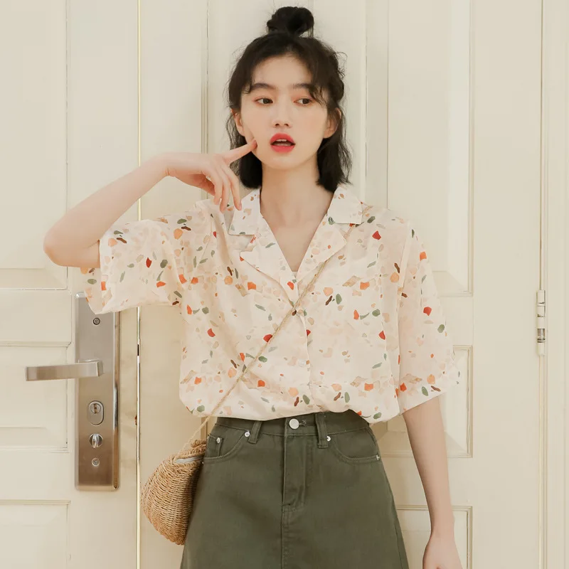 Chiffon Druck Hemd frauen Sommer Lose Dünne Kurzarm Shirts Bluse Mädchen Neue Koreanische Französisch Retro Freizeit Tops Tragen h9157